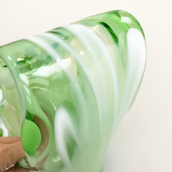 Murano ? Hand Blown Art Glass Milk Green Vessel Bowl Wave White Ribbon 11x9 - Picture 10 of 12